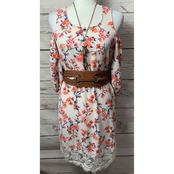 EUC Love J Floral Cold Shoulder Lace Hem Dress - Picture 2 of 8